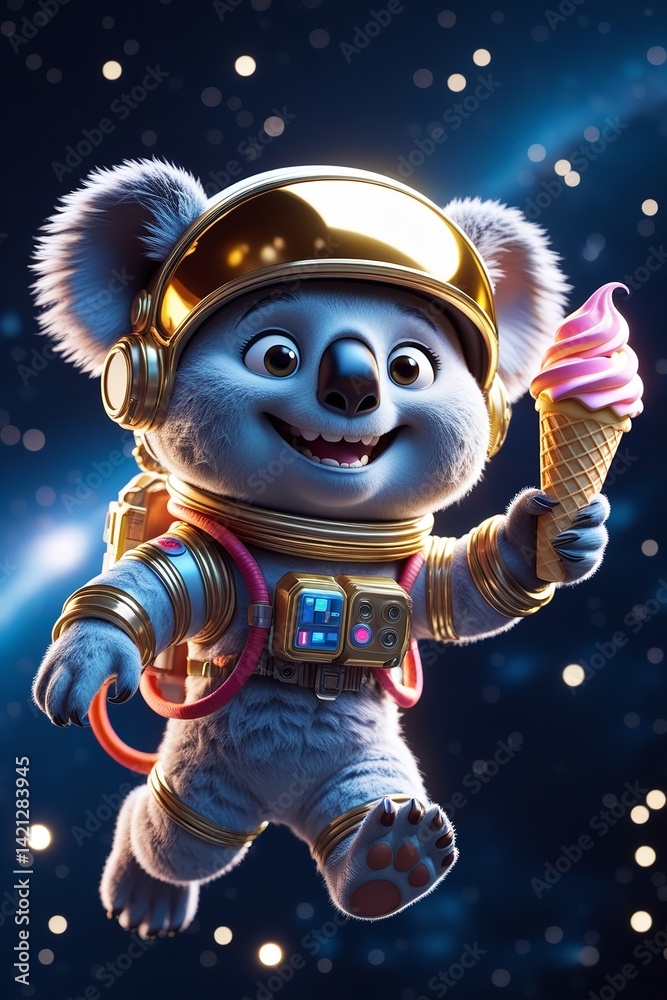 Adorable Koala Astronaut enjoys ice cream in space golden spacesuit dark cosmic background Adorable Koala Astronaut enjoys ice cream in space golden spacesuit dark cosmic background