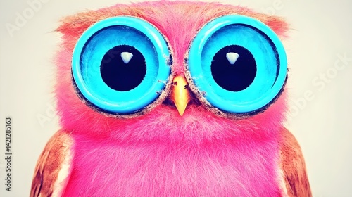 Whimsical pink owl illustration artistic style playful environment close-up view vintage chaos concept