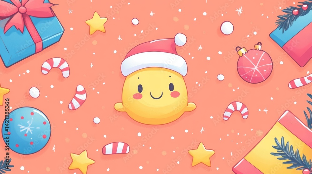 Fototapeta premium Cheerful cartoon character celebrating christmas with gift boxes and decorations