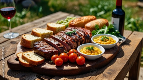 Romanian food platter outdoor on wood table. Grilled meat, polenta, fresh vegetables, bread. Traditional moldavian cuisine on picnic.