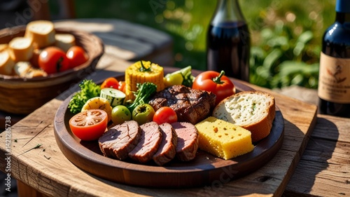 Romanian food platter outdoor on wood table. Grilled meat, polenta, fresh vegetables, bread. Traditional moldavian cuisine on picnic.