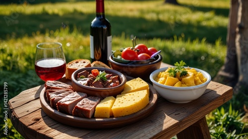 Romanian food platter outdoor on wood table. Grilled meat, polenta, fresh vegetables, bread. Traditional moldavian cuisine on picnic.