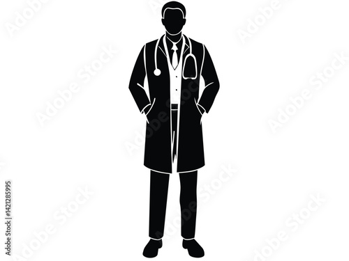 A vector illustration shows a doctor in a white suit, like a doctor's uniform, standing with his back to the viewer