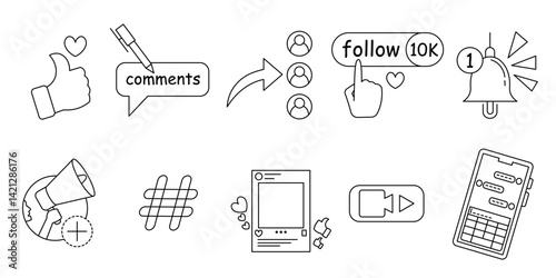 collection of various elements of interaction in social media with line style. like, comment, follow, notification, story, hashtag, share, and video icons. editable strokes