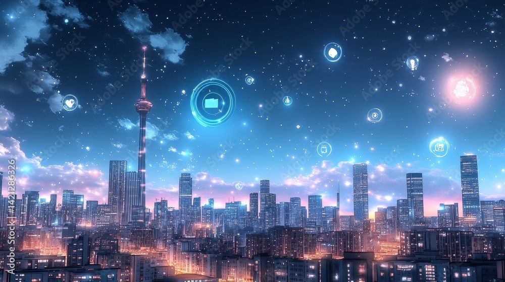 Fototapeta premium Futuristic Cityscape Advertisement with High-Tech Elements