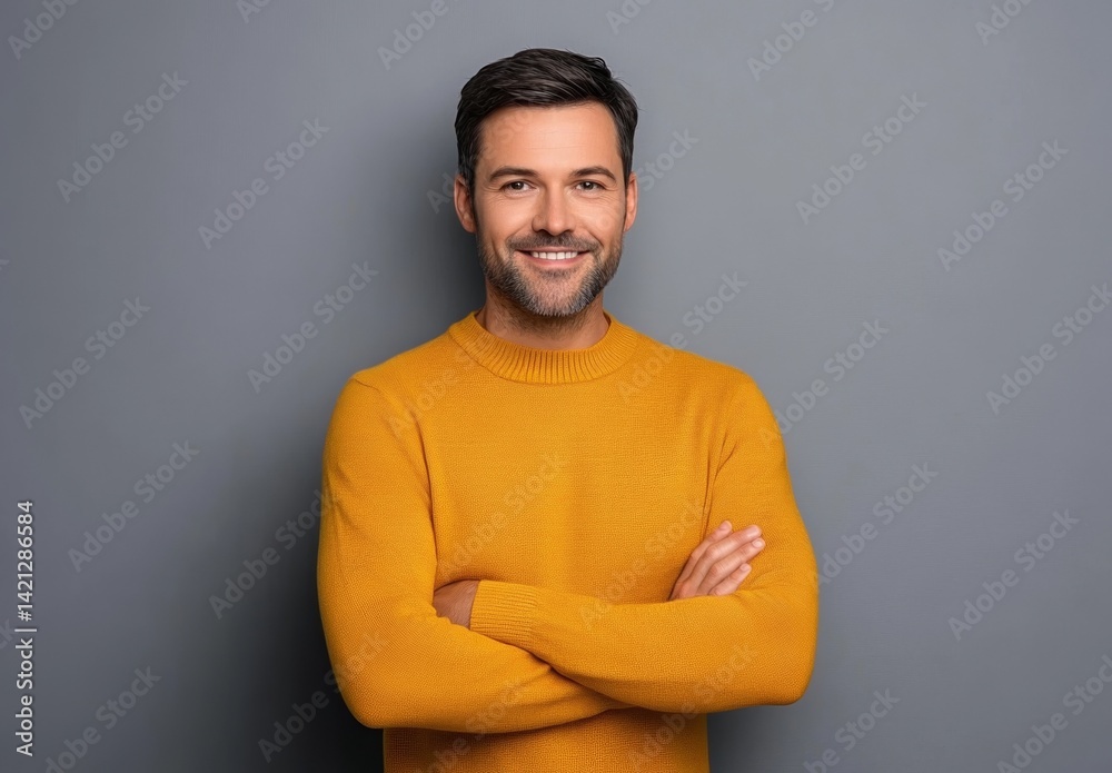 Fototapeta premium Confident smiling man in yellow sweater standing with arms crossed against grey background, casual stylish look, positive attitude portrait 