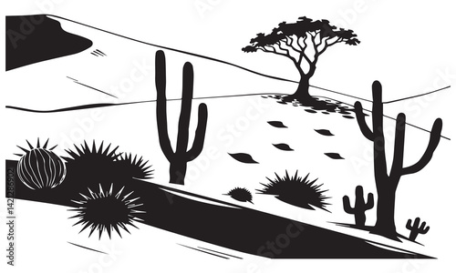 Desert Landscape Illustration. Stylized desert scene featuring cacti, ideal for travel and nature promotions.