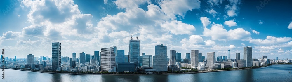 Panoramic view of Tokyo skyline with city center buildings and clouds in a wide-angle daytime scene, blue and white tones highlighting modern urban architecture Panoramic view of Tokyo skyline with city center buildings and clouds in a wide-angle daytime scene, blue and white tones highlighting modern urban architecture