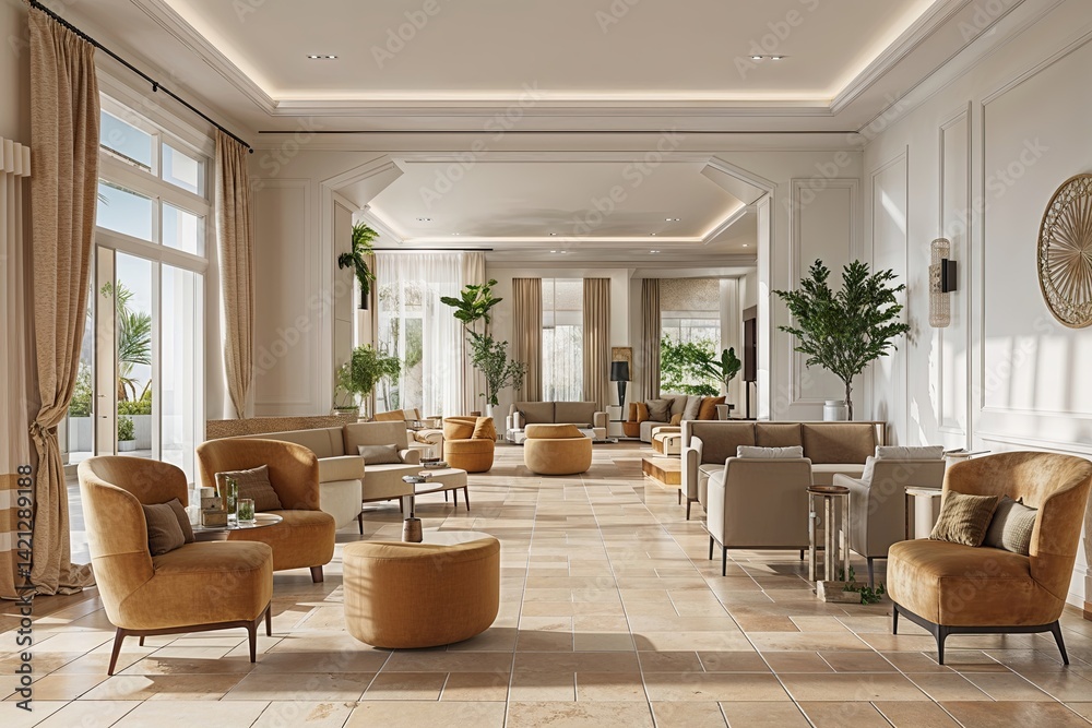 Fototapeta premium Modern Lounge Design Featuring Beige Floor Tiles and Clean White Walls