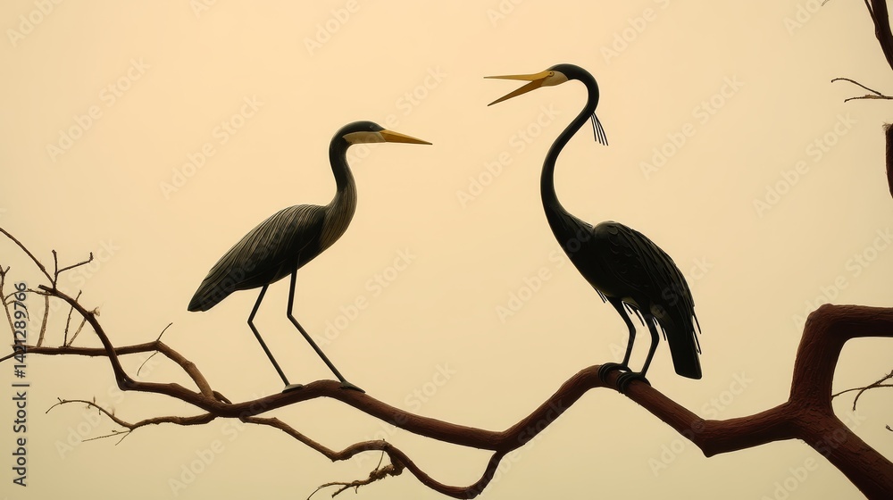 Fototapeta premium Silhouette of Heron and Exotic Bird Statues on Tree Branches at Dawn - [Artist Name] Style Photography