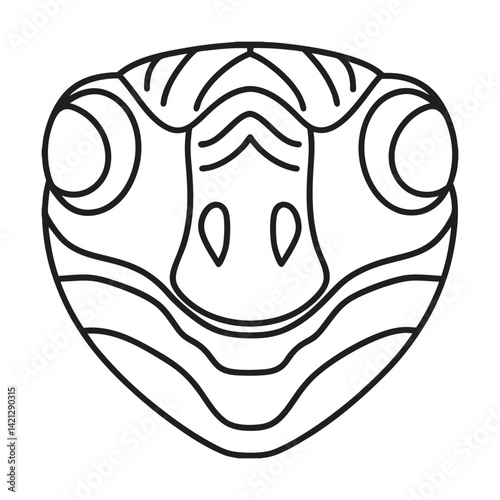 Simple line drawing of a snake head frontal view featuring geometric details and striped patterns