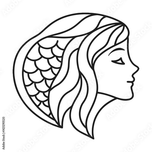 Mermaid silhouette with scaled hair design elegant line art vector illustration minimalist style