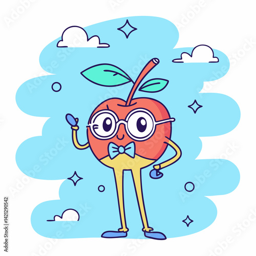 A quirky apple character with a bowtie and glasses, exuding charm and pride in a fun and playful vector illustration.