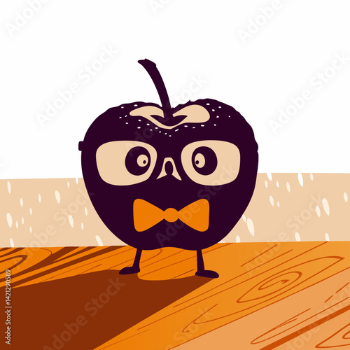 A quirky apple character with a bowtie and glasses, exuding charm and pride in a fun and playful vector illustration.