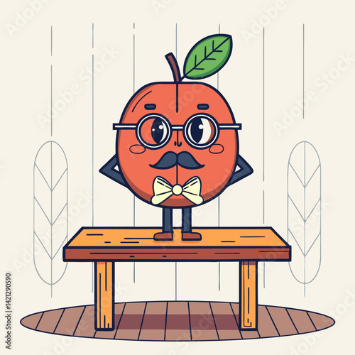 A quirky apple character with a bowtie and glasses, exuding charm and pride in a fun and playful vector illustration.