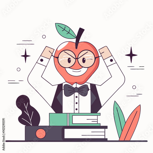 A quirky apple character with a bowtie and glasses, exuding charm and pride in a fun and playful vector illustration.