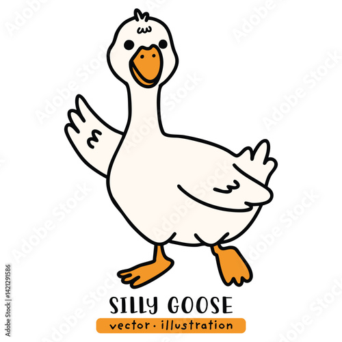 Silly duck, cute goose, cartoon hand drawn vector illustration
