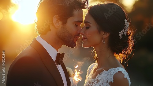 The newlyweds share a tender embrace at their wedding ceremony