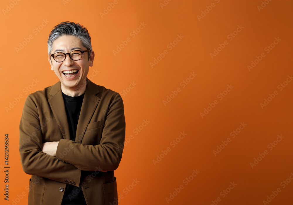 Fototapeta premium オレンジ背景の前で微笑むミドル世代の男性