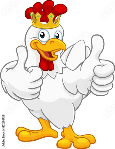 A chicken rooster cockerel bird cartoon character in a kings gold crown giving a double thumbs up