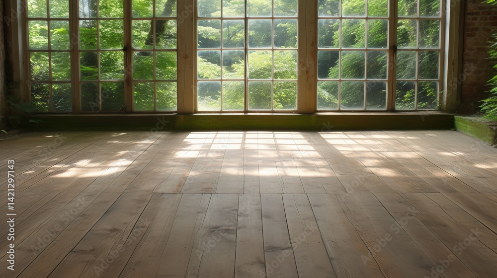 Sunlit wooden floor in serene room with large window and lush green view Sunlit wooden floor in serene room with large window and lush green view