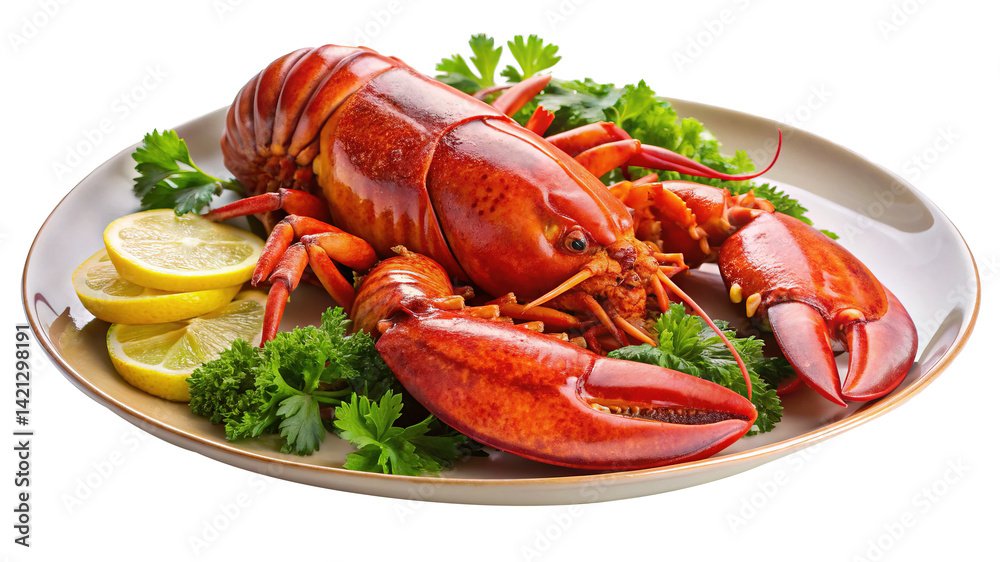 Cooked lobster with lemon and parsley on a plate ready to eat Cooked lobster with lemon and parsley on a plate ready to eat