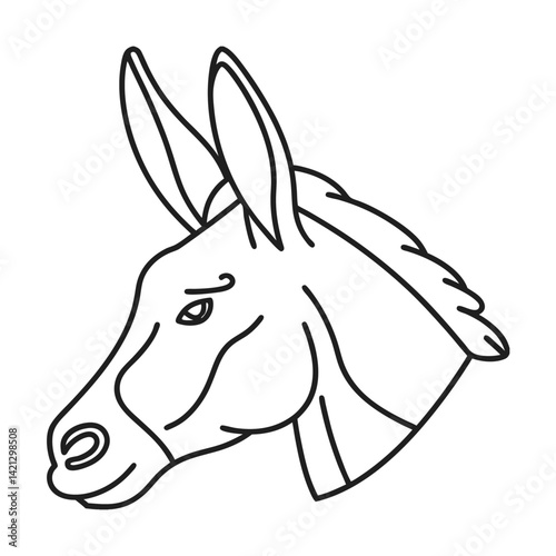 Minimalist black and white line art illustration of a donkey head profile view