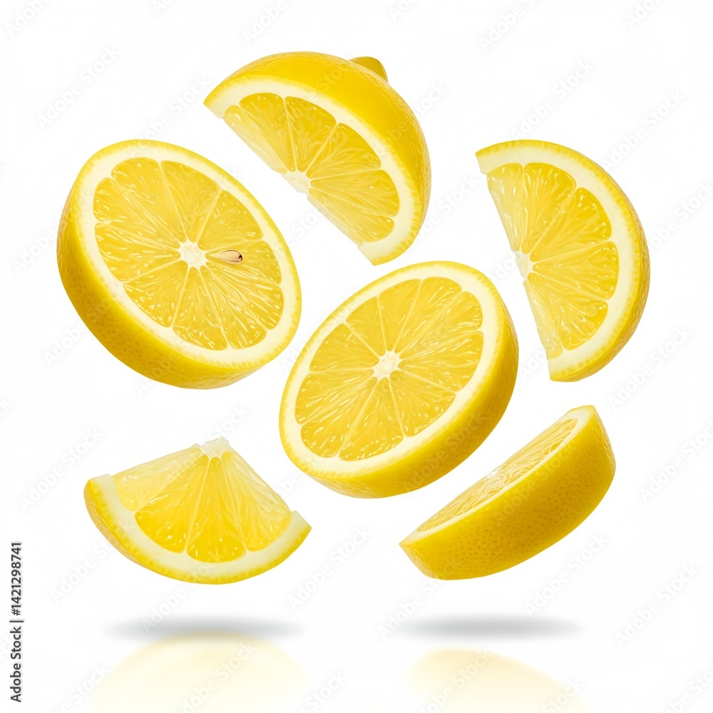Obraz premium Floating Lemon Slices, White Background