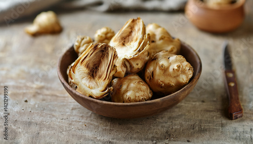 Bowl of fresh organic Jerusalem artichoke. Natural product.