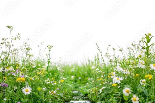 Fototapeta Naklejka Na Ścianę i Meble -  Lush green meadow teeming with wildflowers, daisies, and grasses, isolated on a white background.