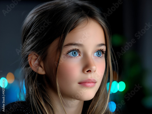 curious young girl intense gaze dimly lit