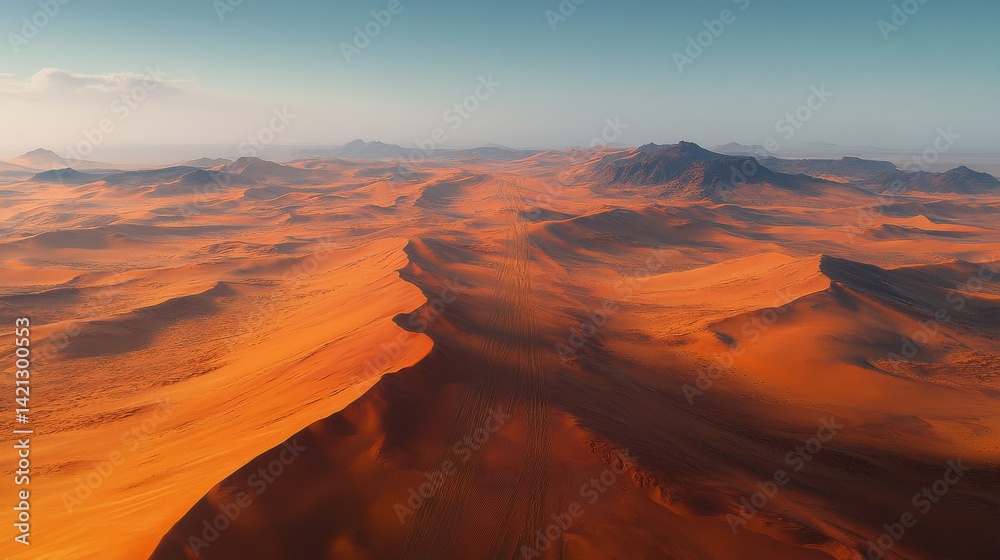 Naklejka premium Aerial panorama of ochre sand dunes under a muted sky, conveying vastness and otherworldly beauty with distant mountains