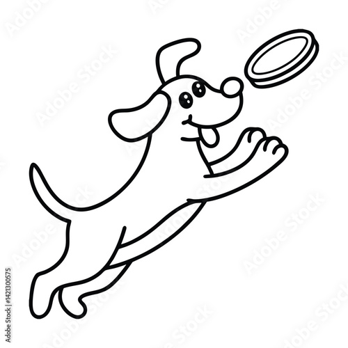 Cartoon outline of a dog catching frisbee simple vector illustration for kids and educational projects