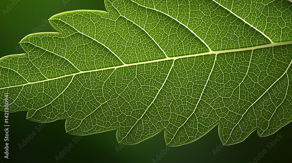 Obraz premium Detailed close-up of a bright green leaf, showcasing its intricate venation on a blurred green backdrop