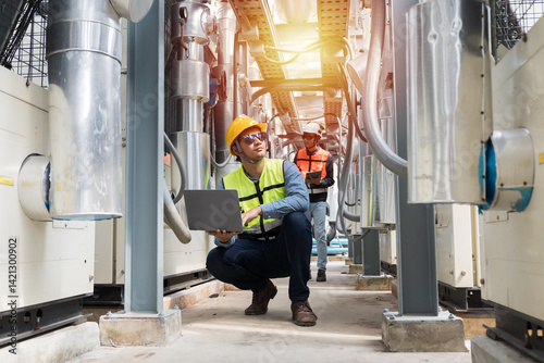 Utilities, Building utilities. Network of utilities on rooftop of building. Group of engineer worker inspecting quality of utilities system in sewer pipes area at construction site