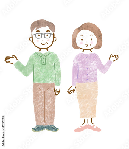 笑顔で案内するシニア夫婦の全身イラスト（手描き風）