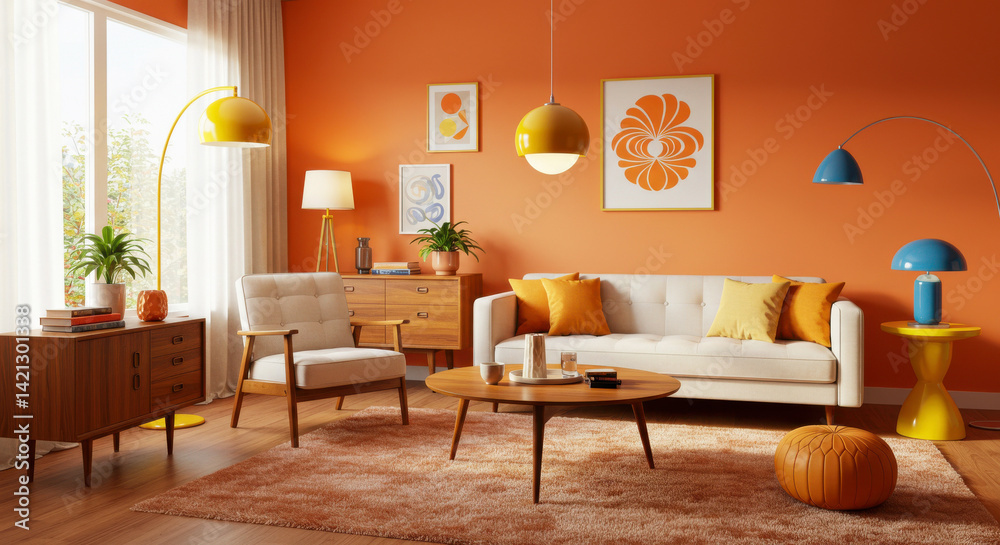 Retro 1970s Living Room with Orange Walls, Cream Sofa, and Mid-Century Modern Furniture Retro 1970s Living Room with Orange Walls, Cream Sofa, and Mid-Century Modern Furniture