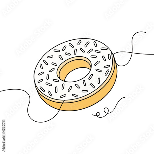 Donut icon with glaze, top view. Yellow, red, and brown colors. Fast food, meal.