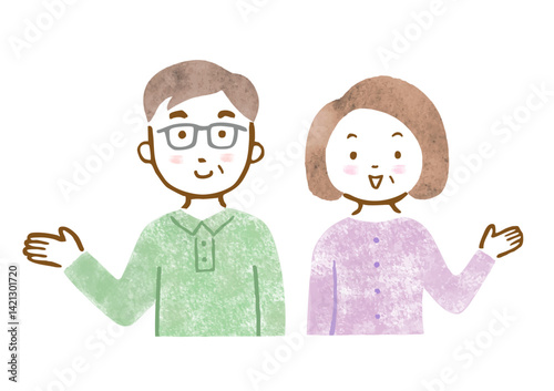笑顔で案内するシニア夫婦の上半身イラスト（手描き風）
