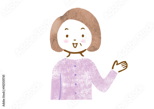 笑顔で案内するシニア女性の上半身イラスト（手描き風）