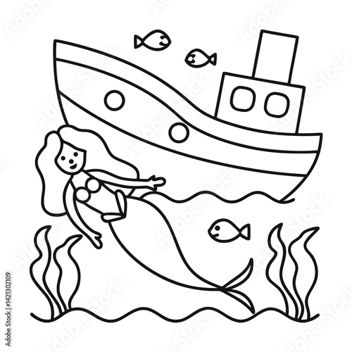 Mermaid swimming near sunken ship black and white line art for coloring book or educational resource