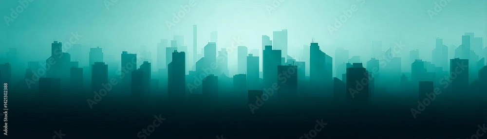 Fototapeta premium Silhouette of a city skyline in turquoise hues during twilight hours.