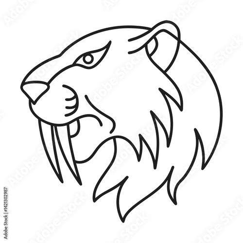 Minimalist line art illustration of a saber toothed tiger head with detailed fur and sharp canines