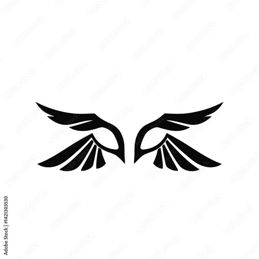 Obraz premium Minimalist vector logo black silhouette wings icon, geometric shapes, clean lines, centered on white background. Focus on balance and symmetry, aviation or freedom concept