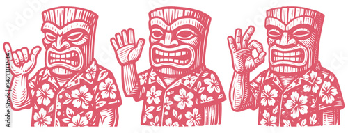 Vector illustration set. Three funny tiki idols in Hawaiian shirts making shaka, wave, and OK hand gestures. Woodcut style character design.