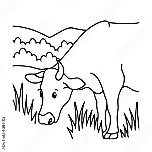 Cow grazing in a field black and white outline illustration with mountain backdrop vector