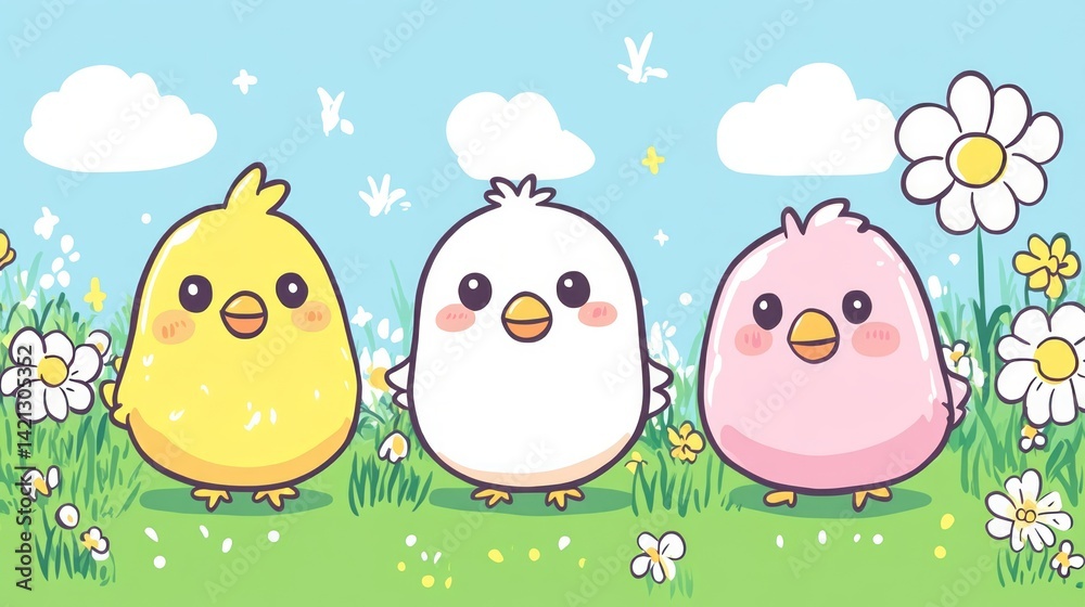 Obraz premium Three colorful chicks stand in a meadow among flowers