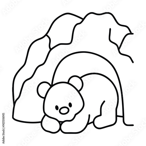 Cute cartoon bear in cave black and white outline style for coloring book and educational resources