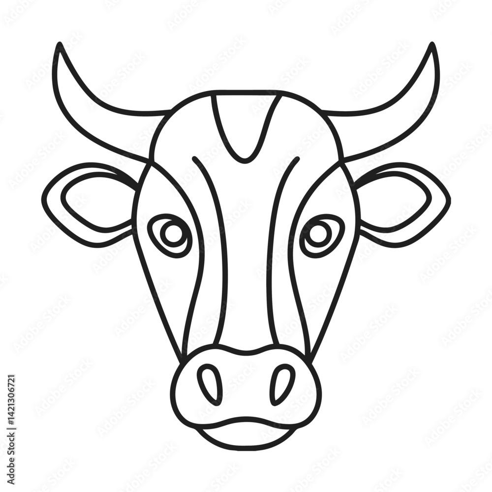 Minimalist line art illustration of a cow face with horns and oval eyes on white background Minimalist line art illustration of a cow face with horns and oval eyes on white background