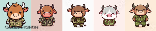collection of funny bull images dressed as soldiers vector
